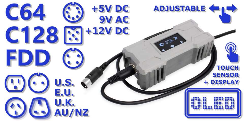 The C64/C128/FDD Ultimate power supply, showing the OLED display and touch panel